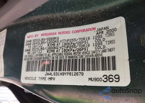 2000 Mitsubishi Montero Sport Ls/Xls z USA, uszkodzony, nr VIN JA4LS31H9YP812679